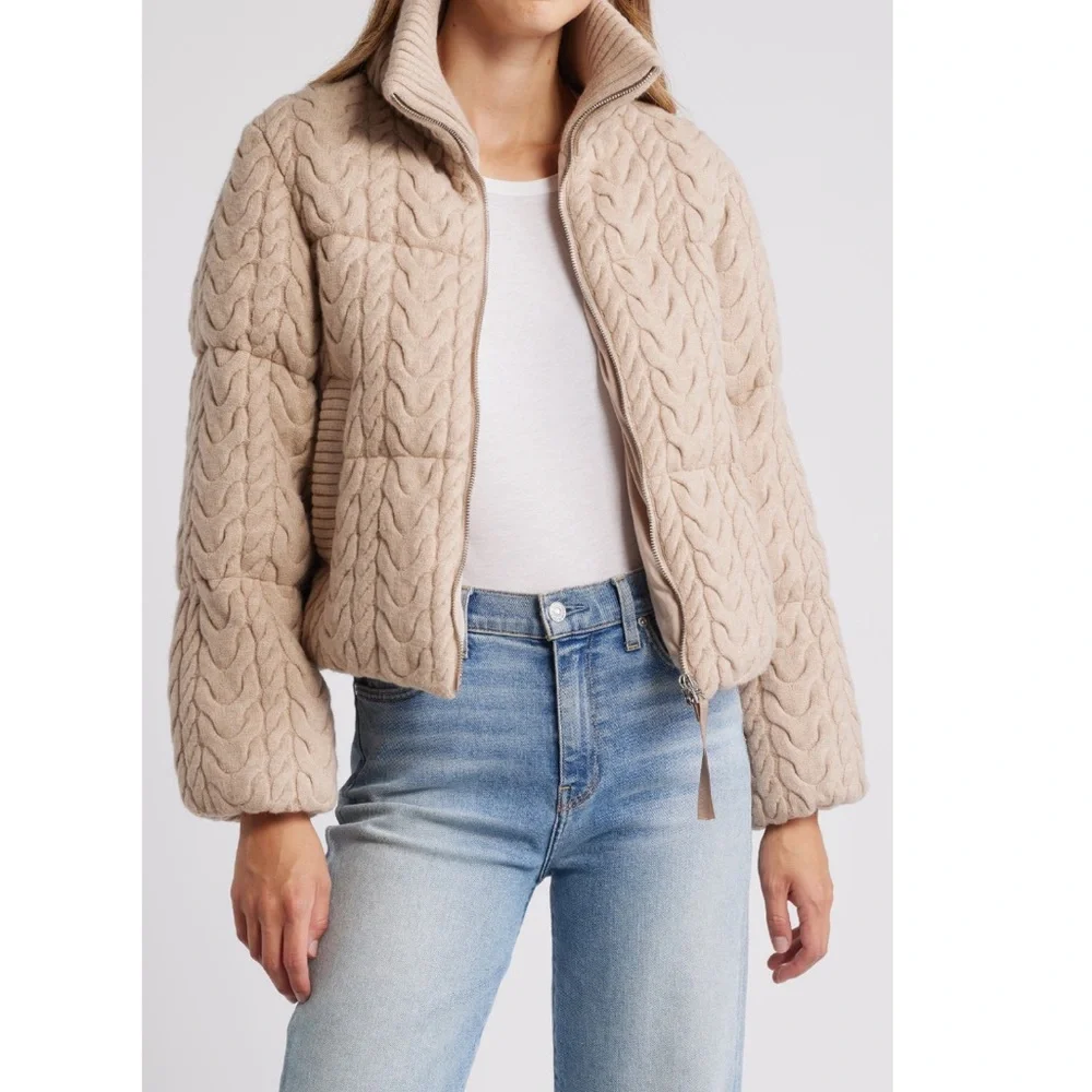 Varley Beige Cable Knit Puffer Jacket, size Large, NEW - Picture 1 of 16